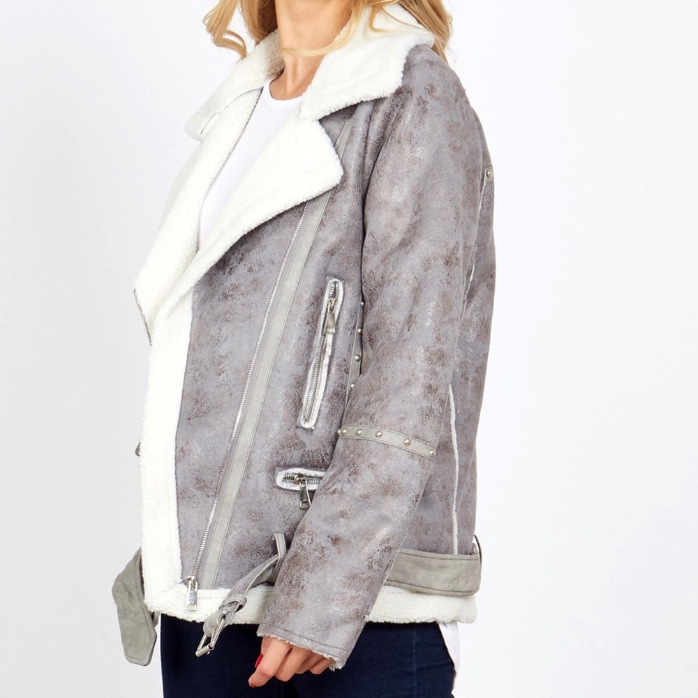 Blue Vanilla Grey Studded Detail Aviator Shearling